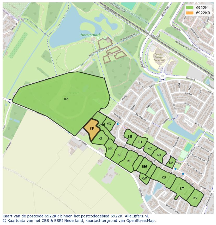 Afbeelding van het postcodegebied 6922 KR op de kaart.
