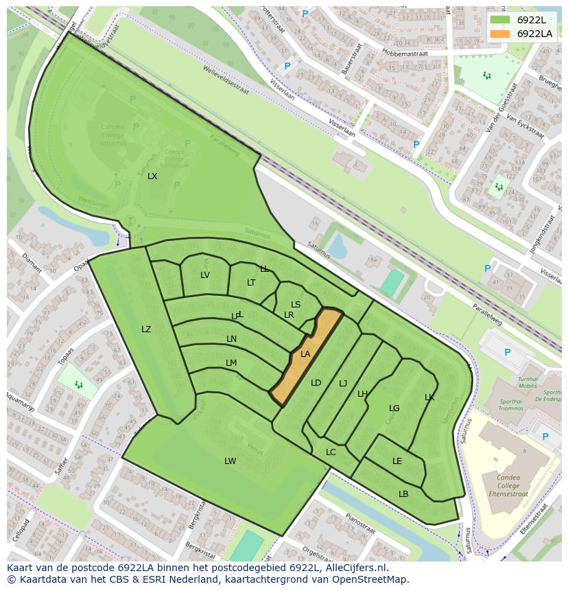 Afbeelding van het postcodegebied 6922 LA op de kaart.