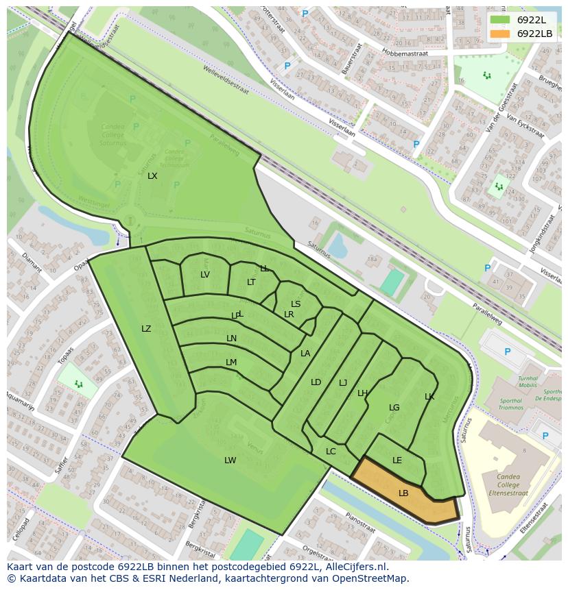 Afbeelding van het postcodegebied 6922 LB op de kaart.