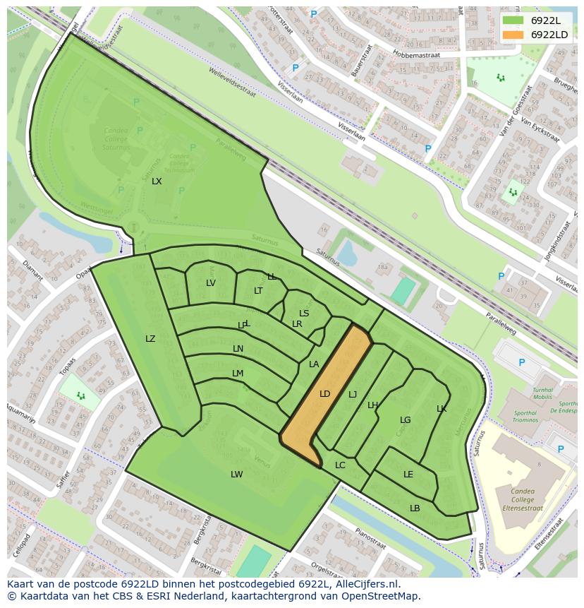 Afbeelding van het postcodegebied 6922 LD op de kaart.
