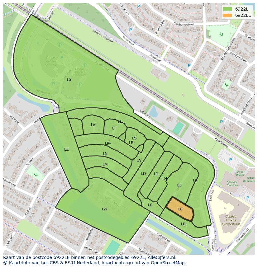 Afbeelding van het postcodegebied 6922 LE op de kaart.