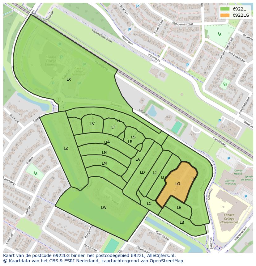 Afbeelding van het postcodegebied 6922 LG op de kaart.