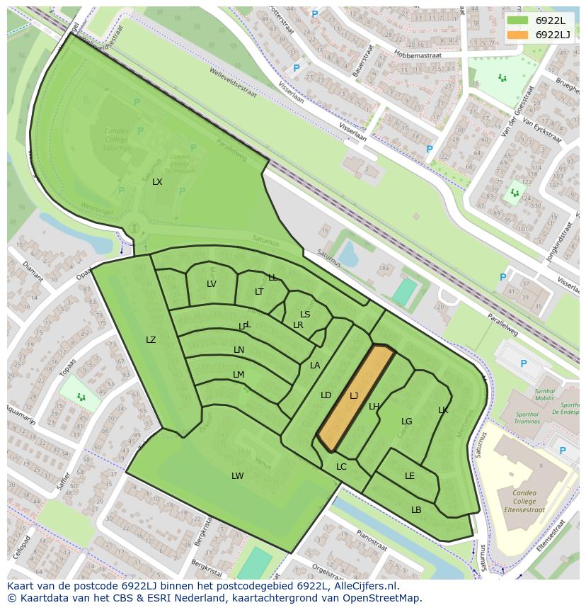 Afbeelding van het postcodegebied 6922 LJ op de kaart.
