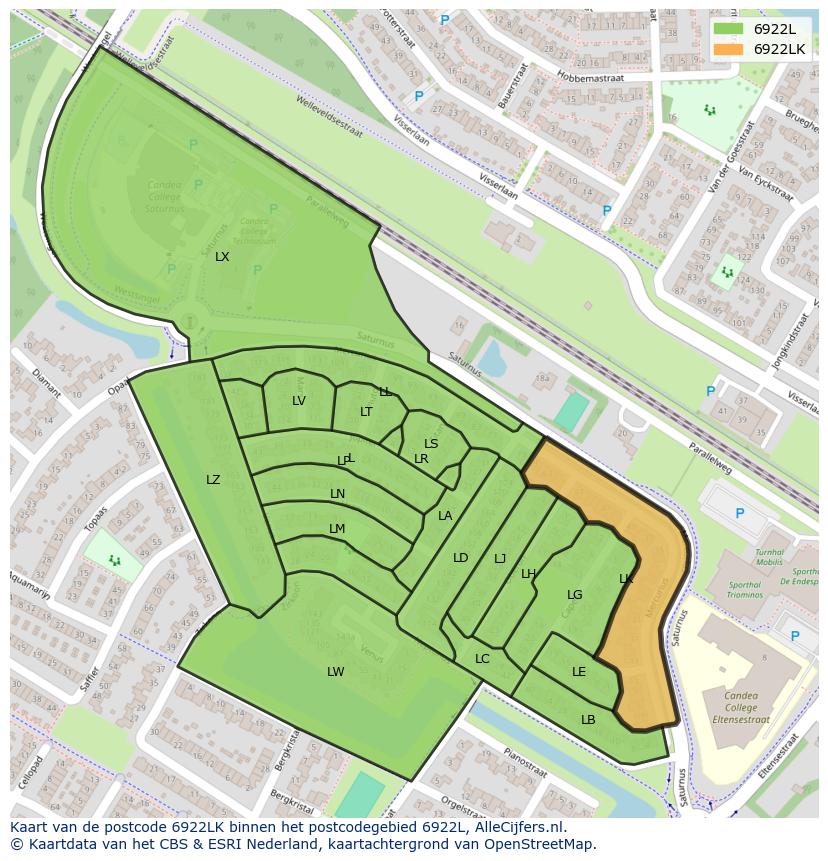 Afbeelding van het postcodegebied 6922 LK op de kaart.