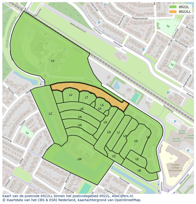 Afbeelding van het postcodegebied 6922 LL op de kaart.