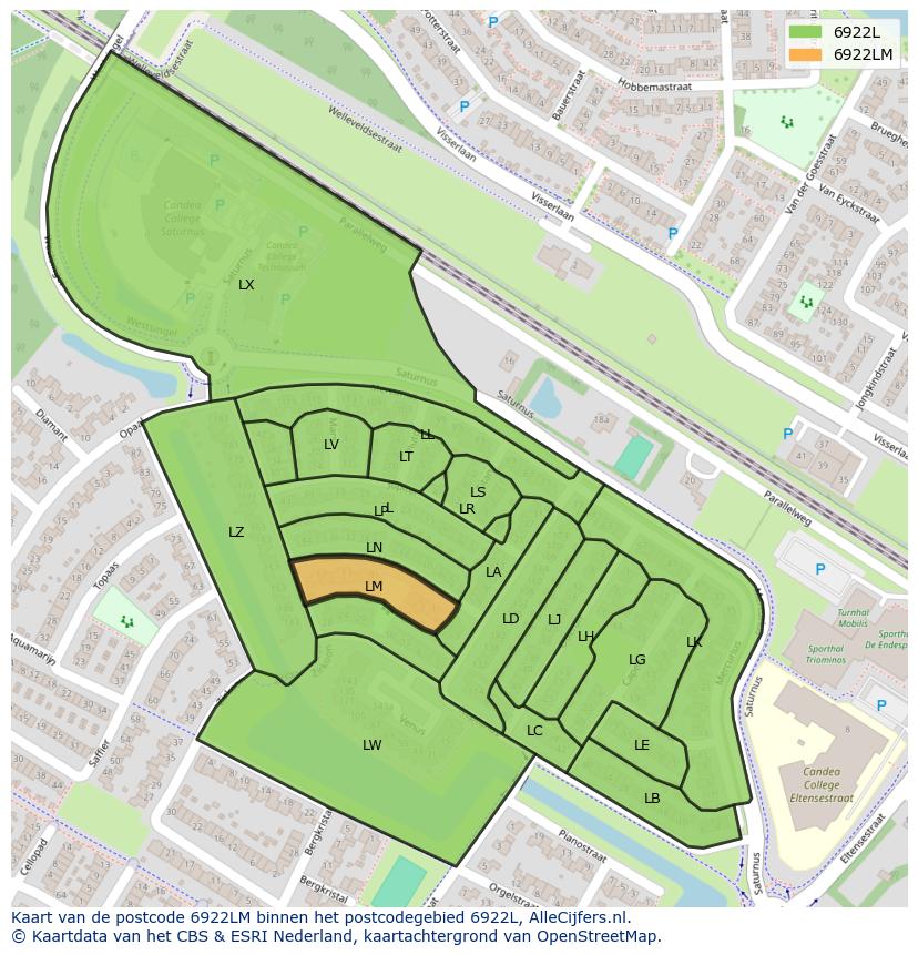 Afbeelding van het postcodegebied 6922 LM op de kaart.