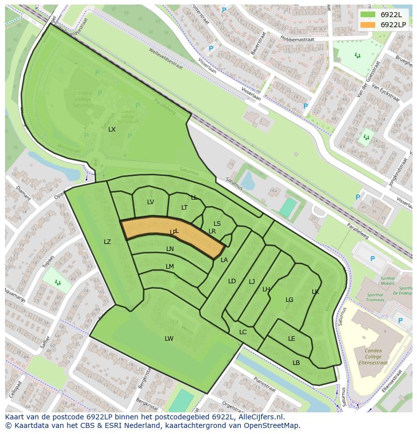 Afbeelding van het postcodegebied 6922 LP op de kaart.