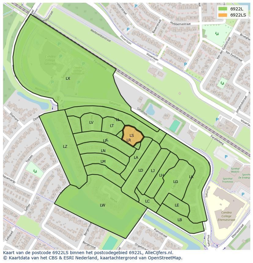 Afbeelding van het postcodegebied 6922 LS op de kaart.