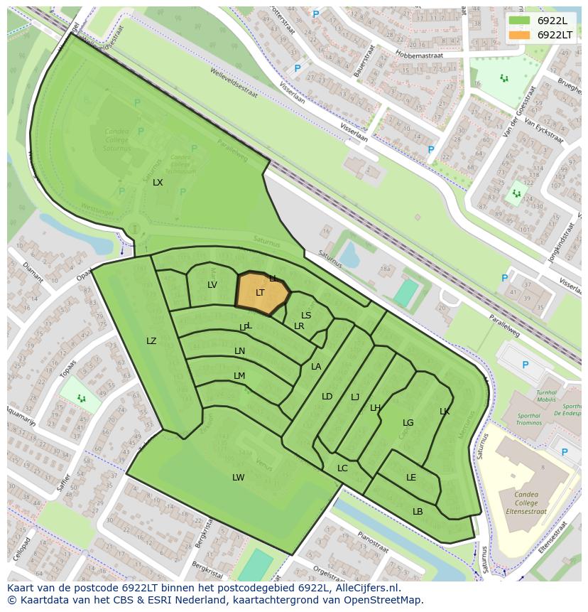 Afbeelding van het postcodegebied 6922 LT op de kaart.