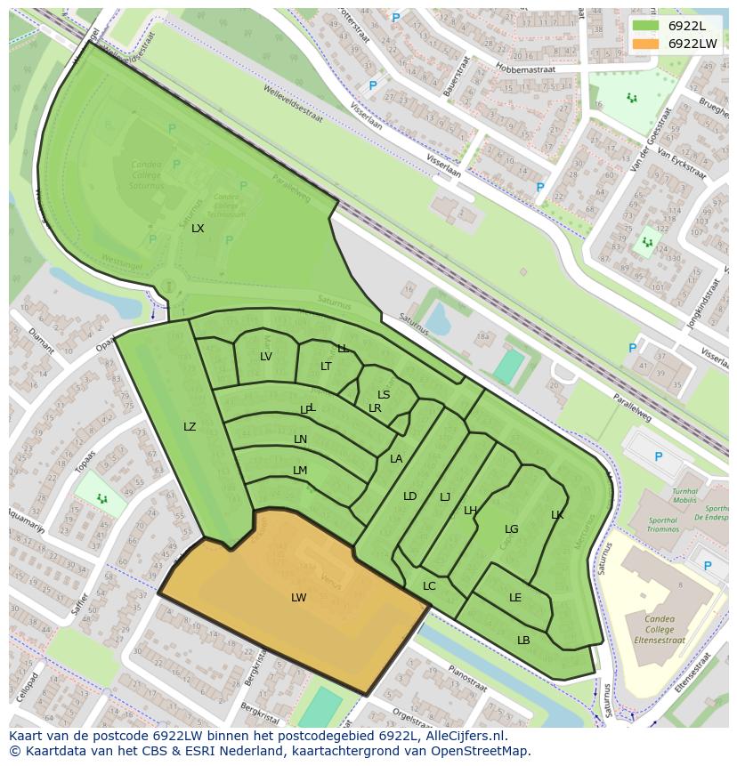 Afbeelding van het postcodegebied 6922 LW op de kaart.