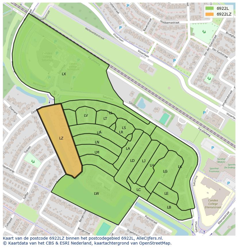Afbeelding van het postcodegebied 6922 LZ op de kaart.