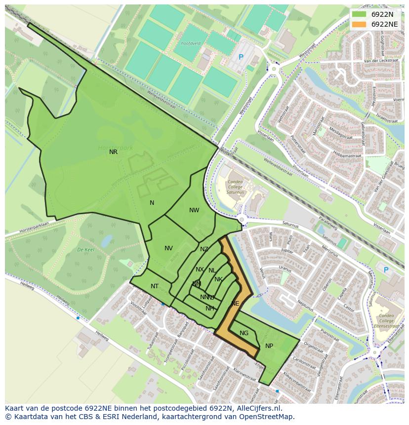 Afbeelding van het postcodegebied 6922 NE op de kaart.