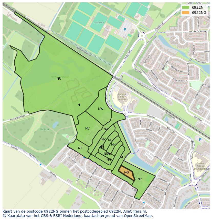 Afbeelding van het postcodegebied 6922 NG op de kaart.