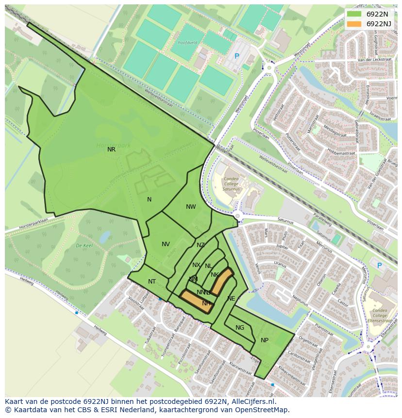 Afbeelding van het postcodegebied 6922 NJ op de kaart.