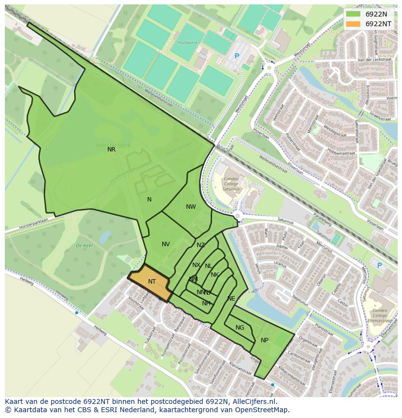 Afbeelding van het postcodegebied 6922 NT op de kaart.