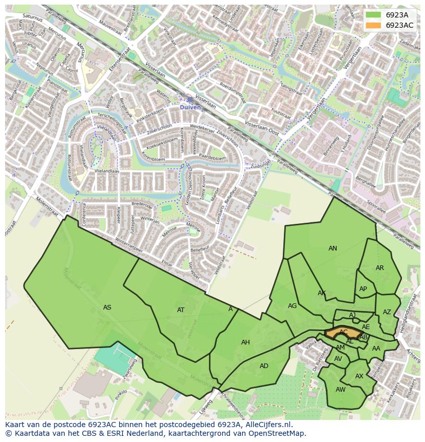 Afbeelding van het postcodegebied 6923 AC op de kaart.
