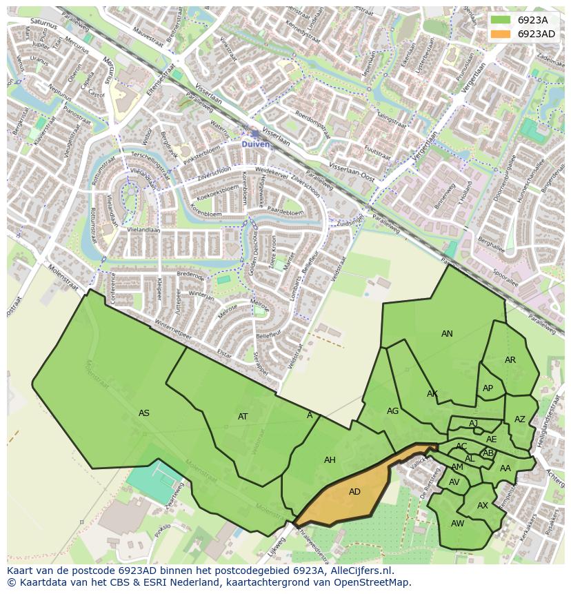 Afbeelding van het postcodegebied 6923 AD op de kaart.