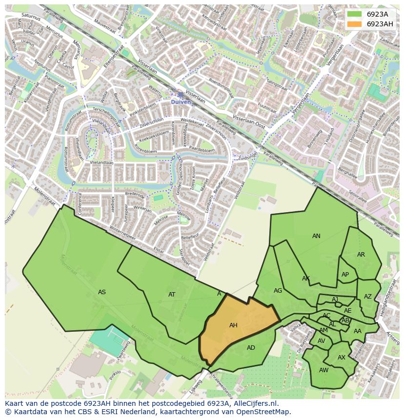 Afbeelding van het postcodegebied 6923 AH op de kaart.