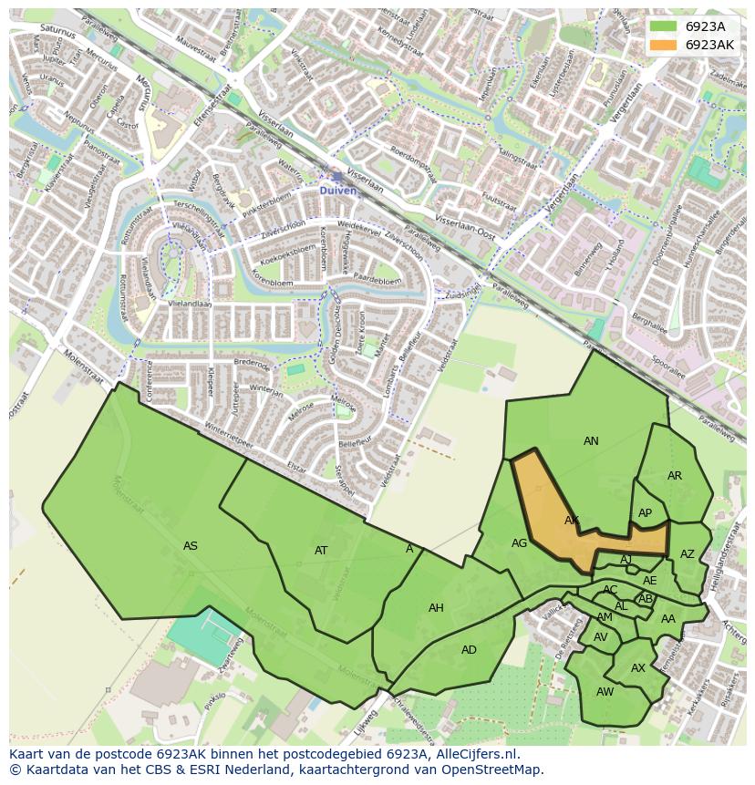 Afbeelding van het postcodegebied 6923 AK op de kaart.