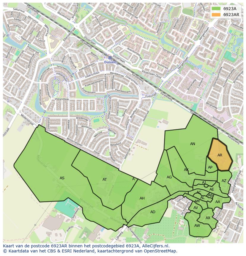 Afbeelding van het postcodegebied 6923 AR op de kaart.
