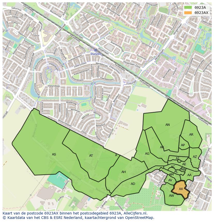 Afbeelding van het postcodegebied 6923 AX op de kaart.
