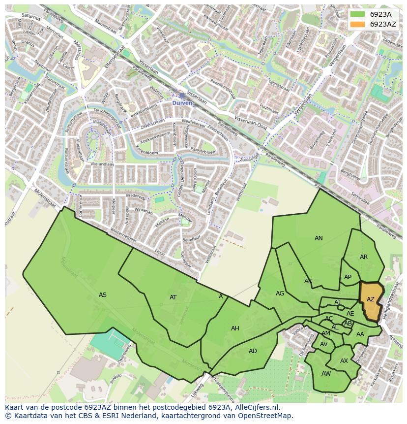 Afbeelding van het postcodegebied 6923 AZ op de kaart.