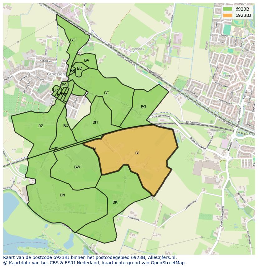 Afbeelding van het postcodegebied 6923 BJ op de kaart.