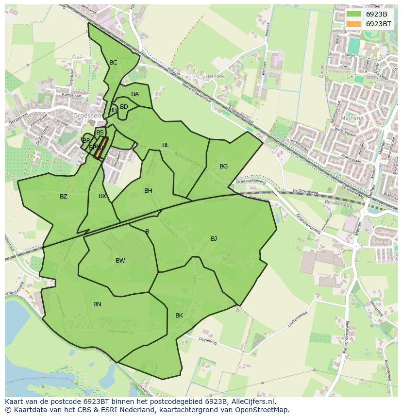 Afbeelding van het postcodegebied 6923 BT op de kaart.