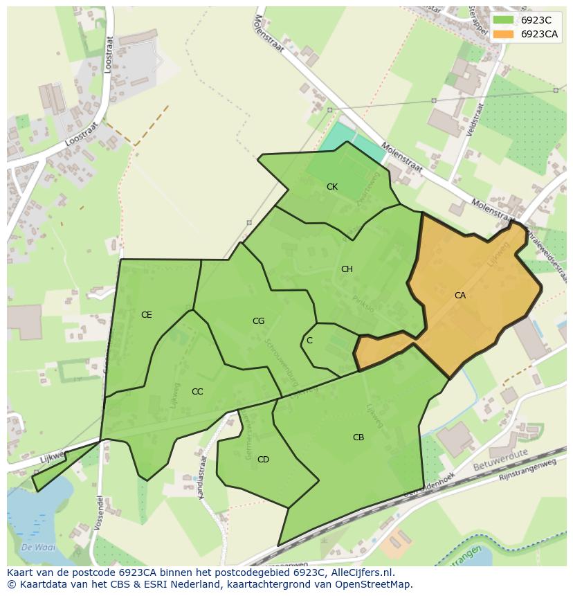 Afbeelding van het postcodegebied 6923 CA op de kaart.