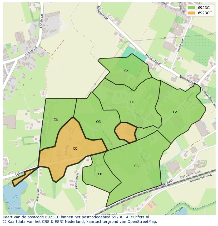 Afbeelding van het postcodegebied 6923 CC op de kaart.