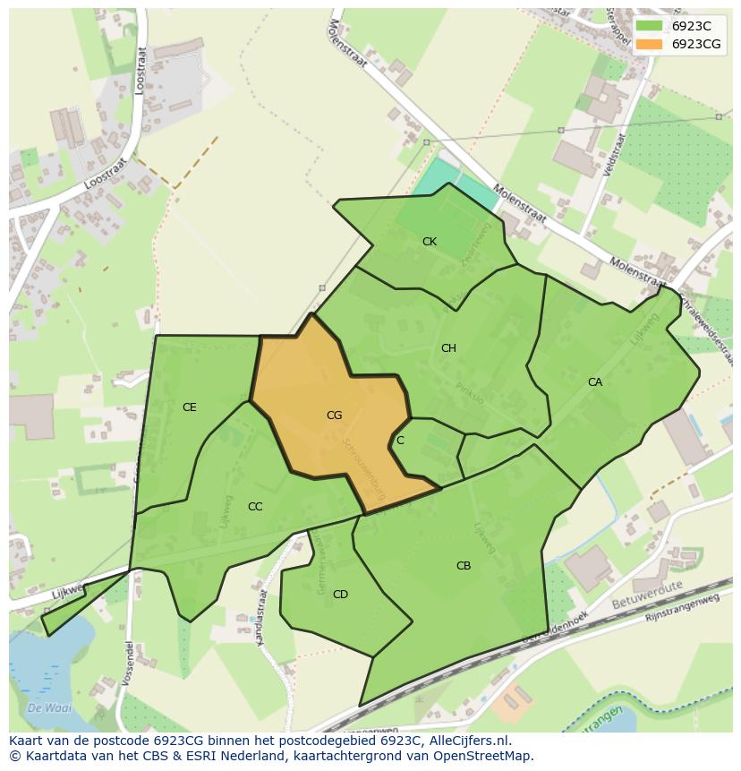 Afbeelding van het postcodegebied 6923 CG op de kaart.