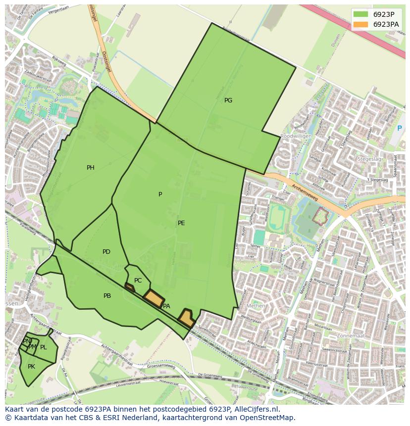 Afbeelding van het postcodegebied 6923 PA op de kaart.