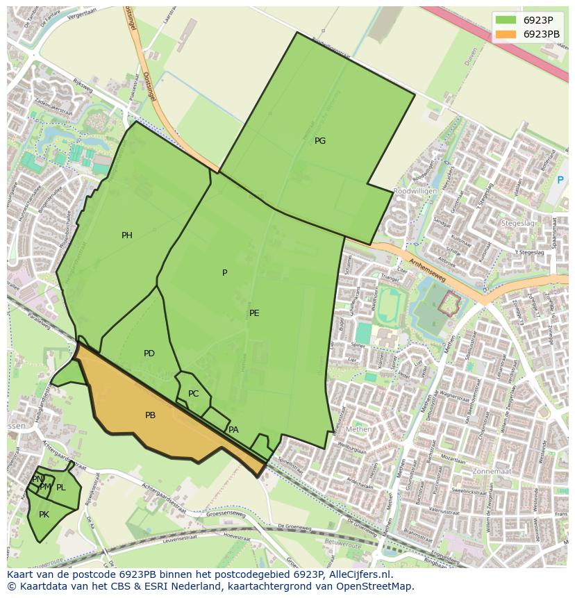 Afbeelding van het postcodegebied 6923 PB op de kaart.