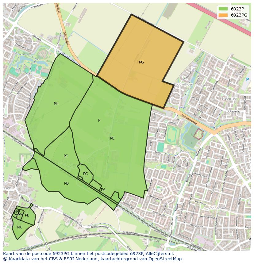 Afbeelding van het postcodegebied 6923 PG op de kaart.
