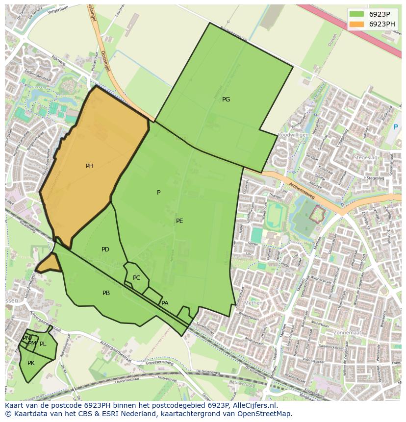 Afbeelding van het postcodegebied 6923 PH op de kaart.