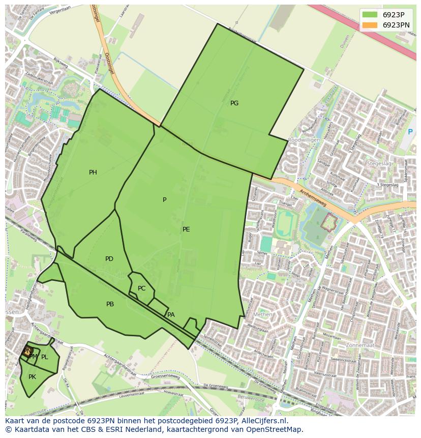 Afbeelding van het postcodegebied 6923 PN op de kaart.