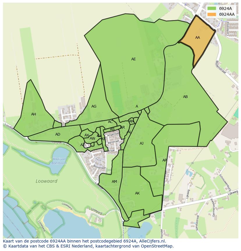 Afbeelding van het postcodegebied 6924 AA op de kaart.