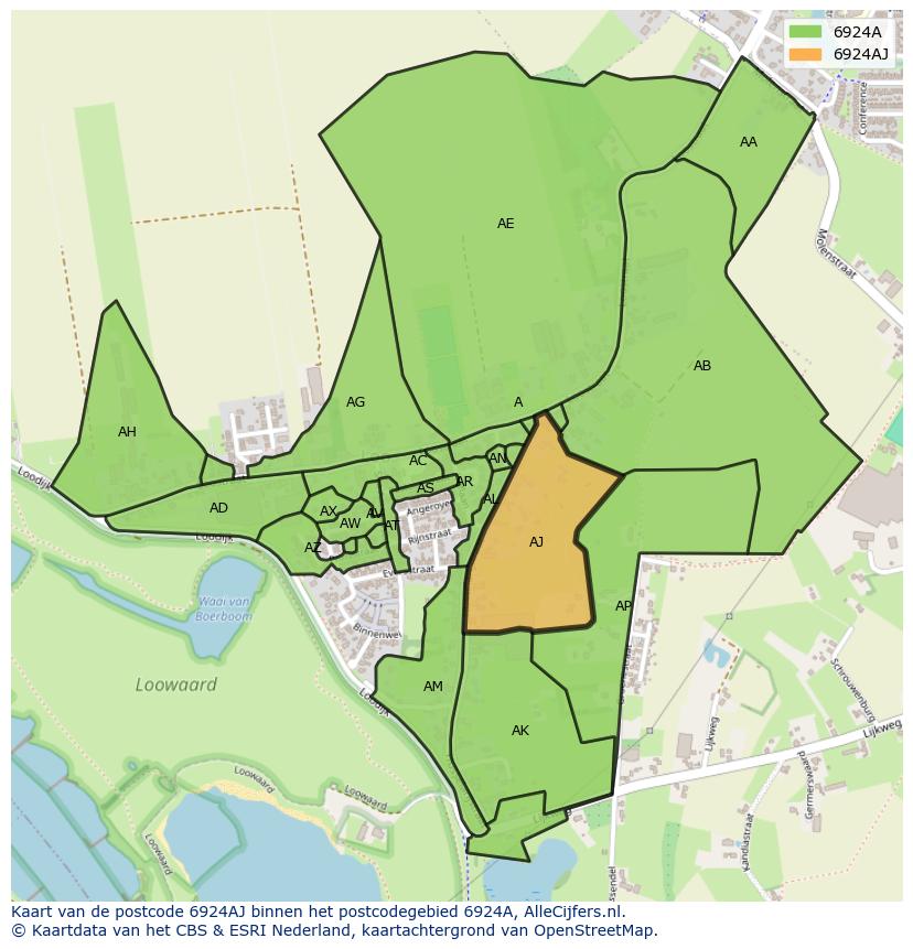 Afbeelding van het postcodegebied 6924 AJ op de kaart.