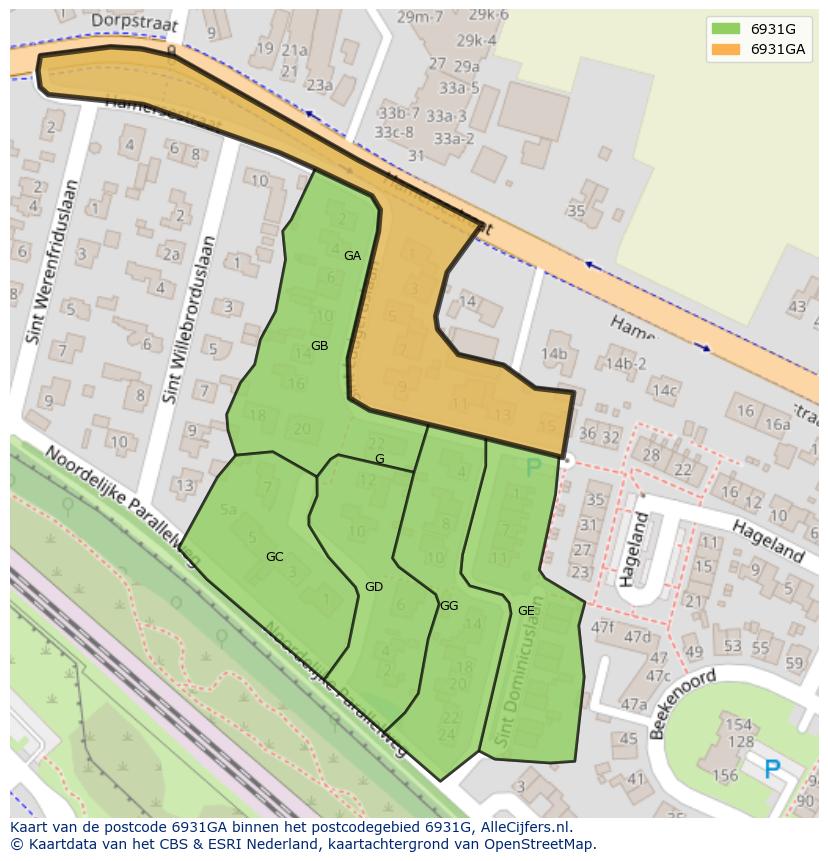 Afbeelding van het postcodegebied 6931 GA op de kaart.