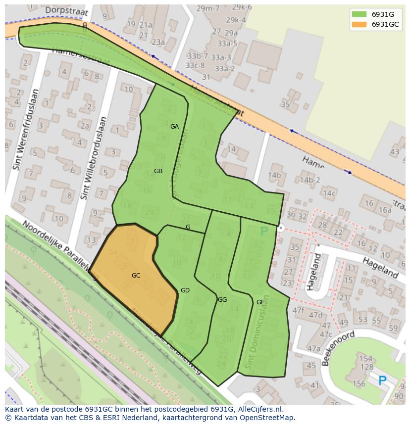 Afbeelding van het postcodegebied 6931 GC op de kaart.
