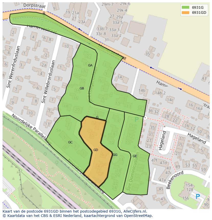 Afbeelding van het postcodegebied 6931 GD op de kaart.