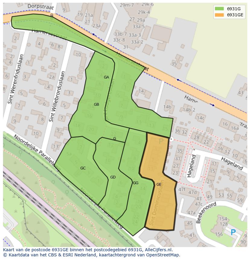 Afbeelding van het postcodegebied 6931 GE op de kaart.