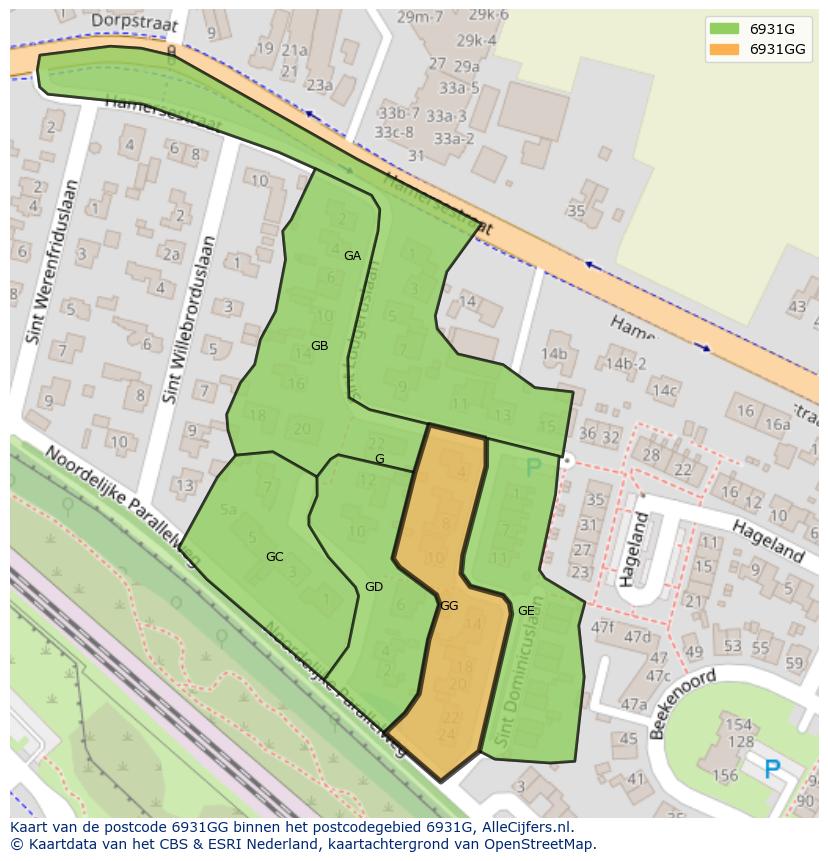 Afbeelding van het postcodegebied 6931 GG op de kaart.