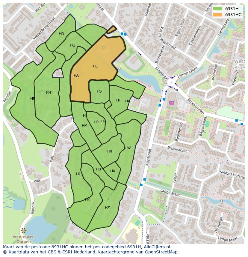 Afbeelding van het postcodegebied 6931 HC op de kaart.