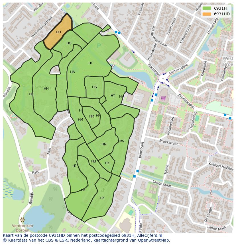 Afbeelding van het postcodegebied 6931 HD op de kaart.