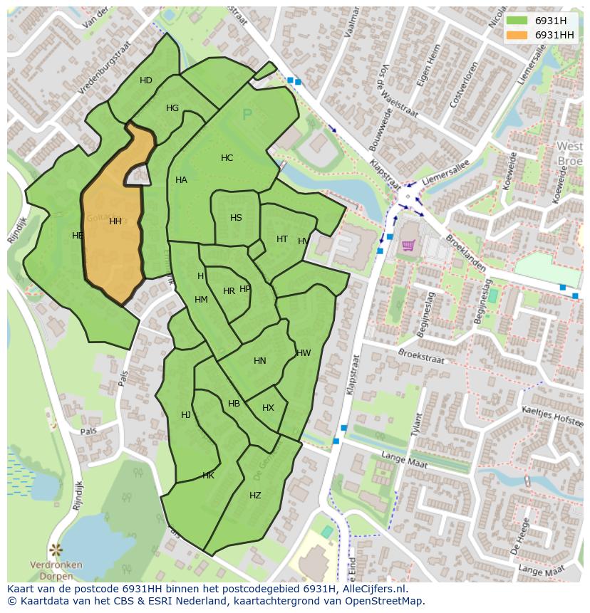 Afbeelding van het postcodegebied 6931 HH op de kaart.