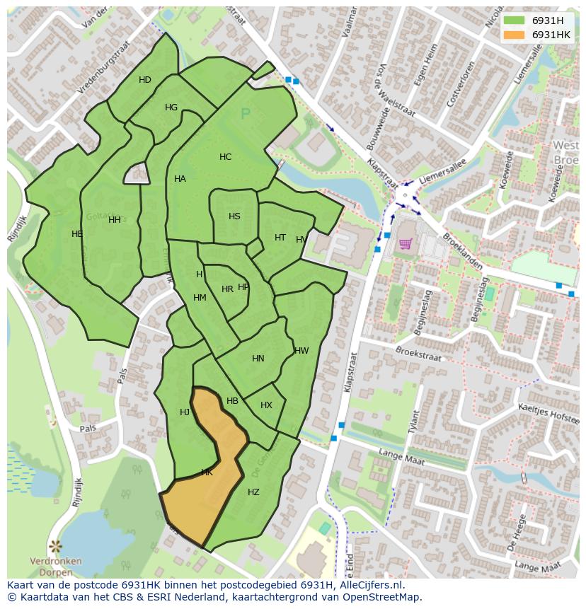 Afbeelding van het postcodegebied 6931 HK op de kaart.