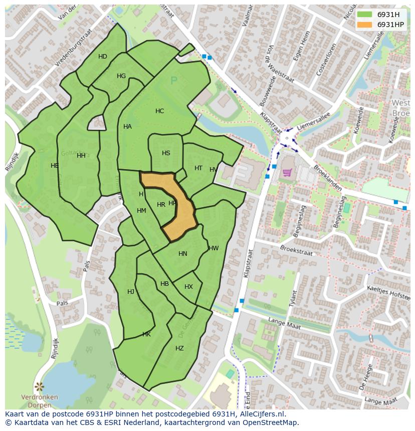 Afbeelding van het postcodegebied 6931 HP op de kaart.