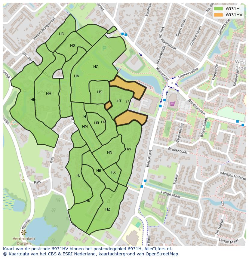 Afbeelding van het postcodegebied 6931 HV op de kaart.