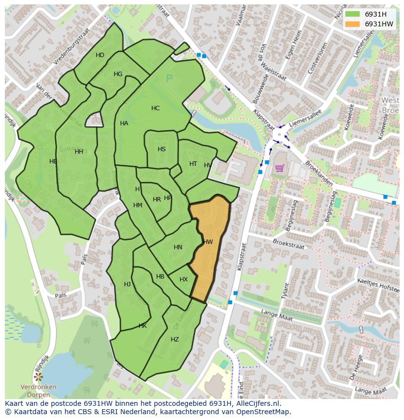 Afbeelding van het postcodegebied 6931 HW op de kaart.